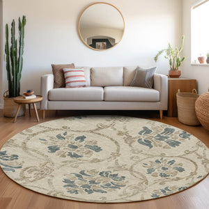 HomeRoots 5' Durable Floral Area Rug in Beige, Tan & Blue - Washable for Indoor & Outdoor Use, Easy Care 8' Round 585606