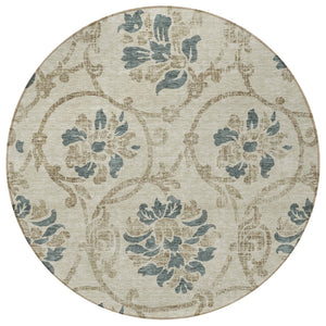 HomeRoots 5' Durable Floral Area Rug in Beige, Tan & Blue - Washable for Indoor & Outdoor Use, Easy Care 8' Round 585606