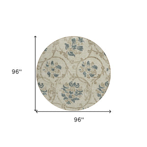 HomeRoots 5' Durable Floral Area Rug in Beige, Tan & Blue - Washable for Indoor & Outdoor Use, Easy Care 8' Round 585606