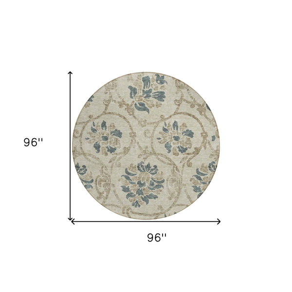 HomeRoots 5' Durable Floral Area Rug in Beige, Tan & Blue - Washable for Indoor & Outdoor Use, Easy Care 8' Round 585606