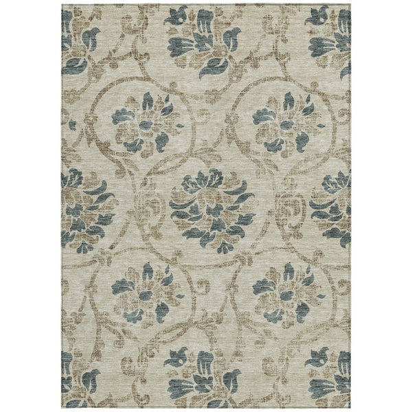 HomeRoots 5' Durable Floral Area Rug in Beige, Tan & Blue - Washable for Indoor & Outdoor Use, Easy Care 8' X 10' 585607