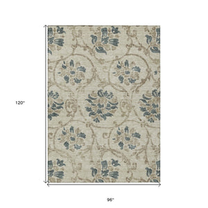 HomeRoots 5' Durable Floral Area Rug in Beige, Tan & Blue - Washable for Indoor & Outdoor Use, Easy Care 8' X 10' 585607