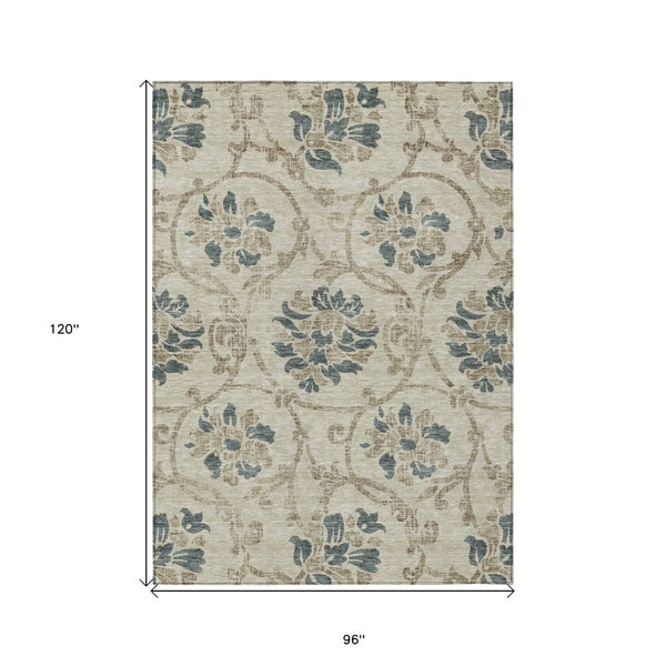 HomeRoots 5' Durable Floral Area Rug in Beige, Tan & Blue - Washable for Indoor & Outdoor Use, Easy Care 8' X 10' 585607
