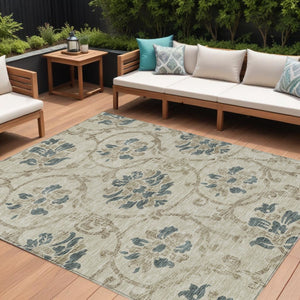 HomeRoots 5' Durable Floral Area Rug in Beige, Tan & Blue - Washable for Indoor & Outdoor Use, Easy Care 8' X 10' 585607