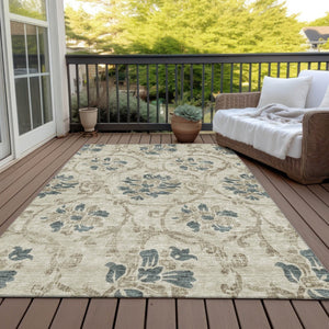 HomeRoots 5' Durable Floral Area Rug in Beige, Tan & Blue - Washable for Indoor & Outdoor Use, Easy Care 8' X 10' 585607