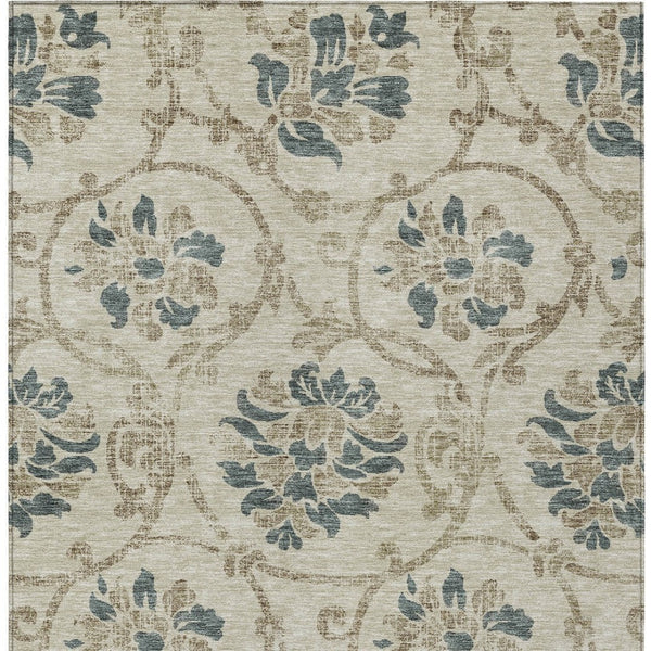 HomeRoots 5' Durable Floral Area Rug in Beige, Tan & Blue - Washable for Indoor & Outdoor Use, Easy Care 8' X 10' 585607