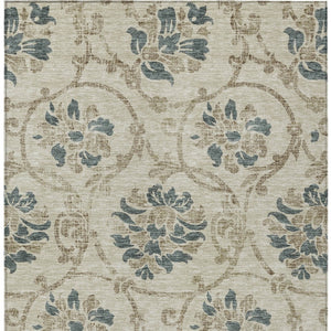 HomeRoots 5' Durable Floral Area Rug in Beige, Tan & Blue - Washable for Indoor & Outdoor Use, Easy Care 10' X 14' 585609