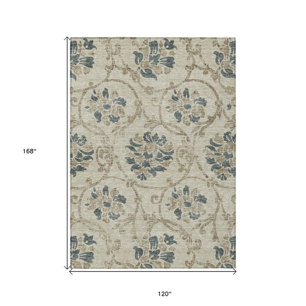 HomeRoots 5' Durable Floral Area Rug in Beige, Tan & Blue - Washable for Indoor & Outdoor Use, Easy Care 10' X 14' 585609