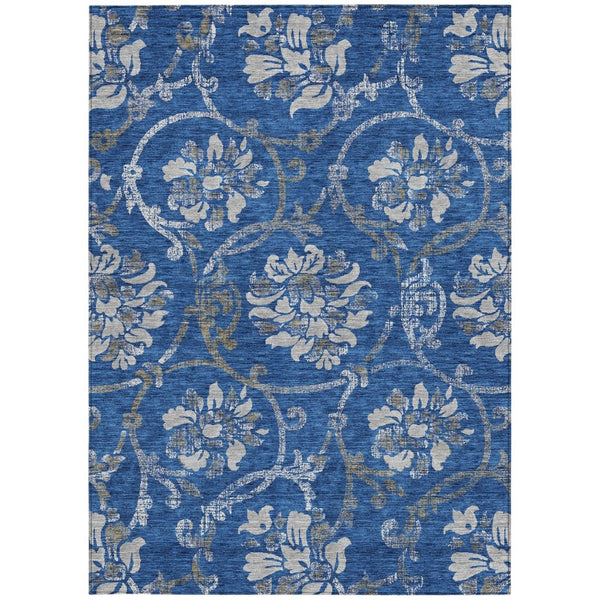 HomeRoots 5' Navy Blue and Silver Floral Area Rug - Durable, Washable Design for Indoor and Outdoor Use 5' X 8' 585623