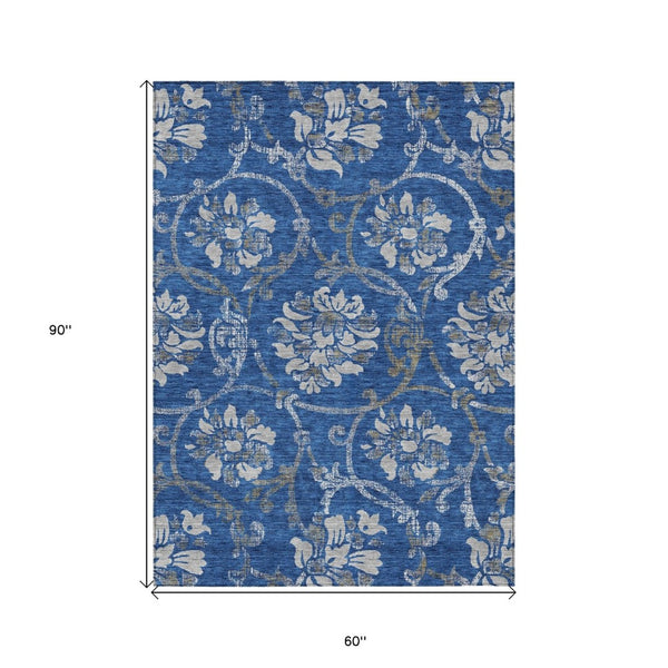 HomeRoots 5' Navy Blue and Silver Floral Area Rug - Durable, Washable Design for Indoor and Outdoor Use 5' X 8' 585623