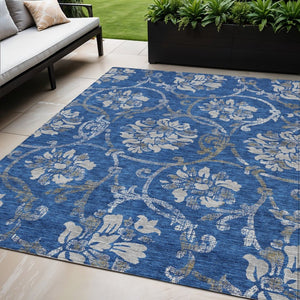 HomeRoots 5' Navy Blue and Silver Floral Area Rug - Durable, Washable Design for Indoor and Outdoor Use 5' X 8' 585623