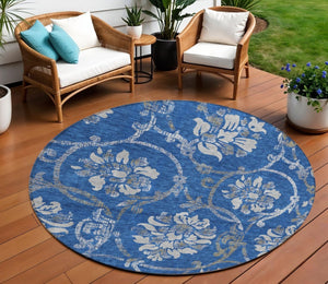 HomeRoots 5' Navy Blue and Silver Floral Area Rug - Durable, Washable Design for Indoor and Outdoor Use 8' Round 585624