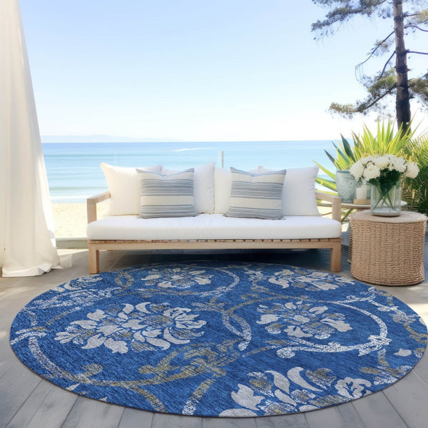 HomeRoots 5' Navy Blue and Silver Floral Area Rug - Durable, Washable Design for Indoor and Outdoor Use 8' Round 585624