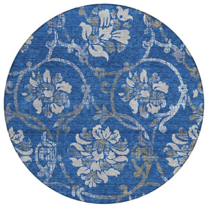 HomeRoots 5' Navy Blue and Silver Floral Area Rug - Durable, Washable Design for Indoor and Outdoor Use 8' Round 585624