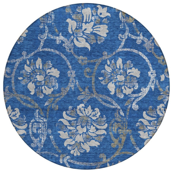 HomeRoots 5' Navy Blue and Silver Floral Area Rug - Durable, Washable Design for Indoor and Outdoor Use 8' Round 585624