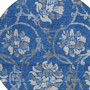 HomeRoots 5' Navy Blue and Silver Floral Area Rug - Durable, Washable Design for Indoor and Outdoor Use 8' Round 585624