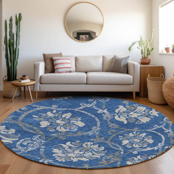 HomeRoots 5' Navy Blue and Silver Floral Area Rug - Durable, Washable Design for Indoor and Outdoor Use 8' Round 585624