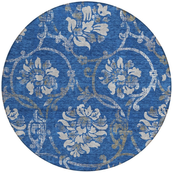 HomeRoots 5' Navy Blue and Silver Floral Area Rug - Durable, Washable Design for Indoor and Outdoor Use 8' Round 585624