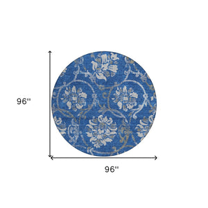 HomeRoots 5' Navy Blue and Silver Floral Area Rug - Durable, Washable Design for Indoor and Outdoor Use 8' Round 585624
