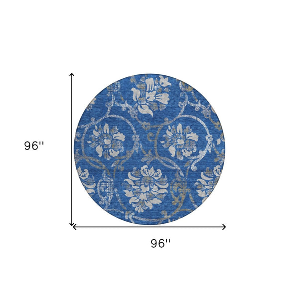 HomeRoots 5' Navy Blue and Silver Floral Area Rug - Durable, Washable Design for Indoor and Outdoor Use 8' Round 585624
