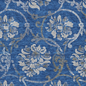 HomeRoots 5' Navy Blue and Silver Floral Area Rug - Durable, Washable Design for Indoor and Outdoor Use 8' X 10' 585625