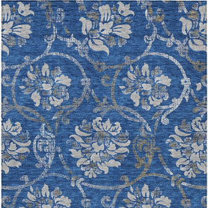 HomeRoots 9' Navy Blue and Silver Floral Area Rug - Durable, Washable, Indoor-Outdoor Design for All Spaces 9' X 12' 585626