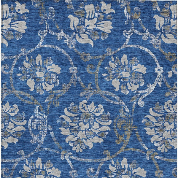 HomeRoots 9' Navy Blue and Silver Floral Area Rug - Durable, Washable, Indoor-Outdoor Design for All Spaces 9' X 12' 585626