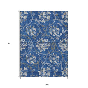 HomeRoots 9' Navy Blue and Silver Floral Area Rug - Durable, Washable, Indoor-Outdoor Design for All Spaces 9' X 12' 585626