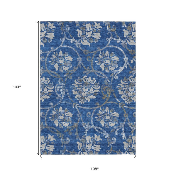 HomeRoots 9' Navy Blue and Silver Floral Area Rug - Durable, Washable, Indoor-Outdoor Design for All Spaces 9' X 12' 585626