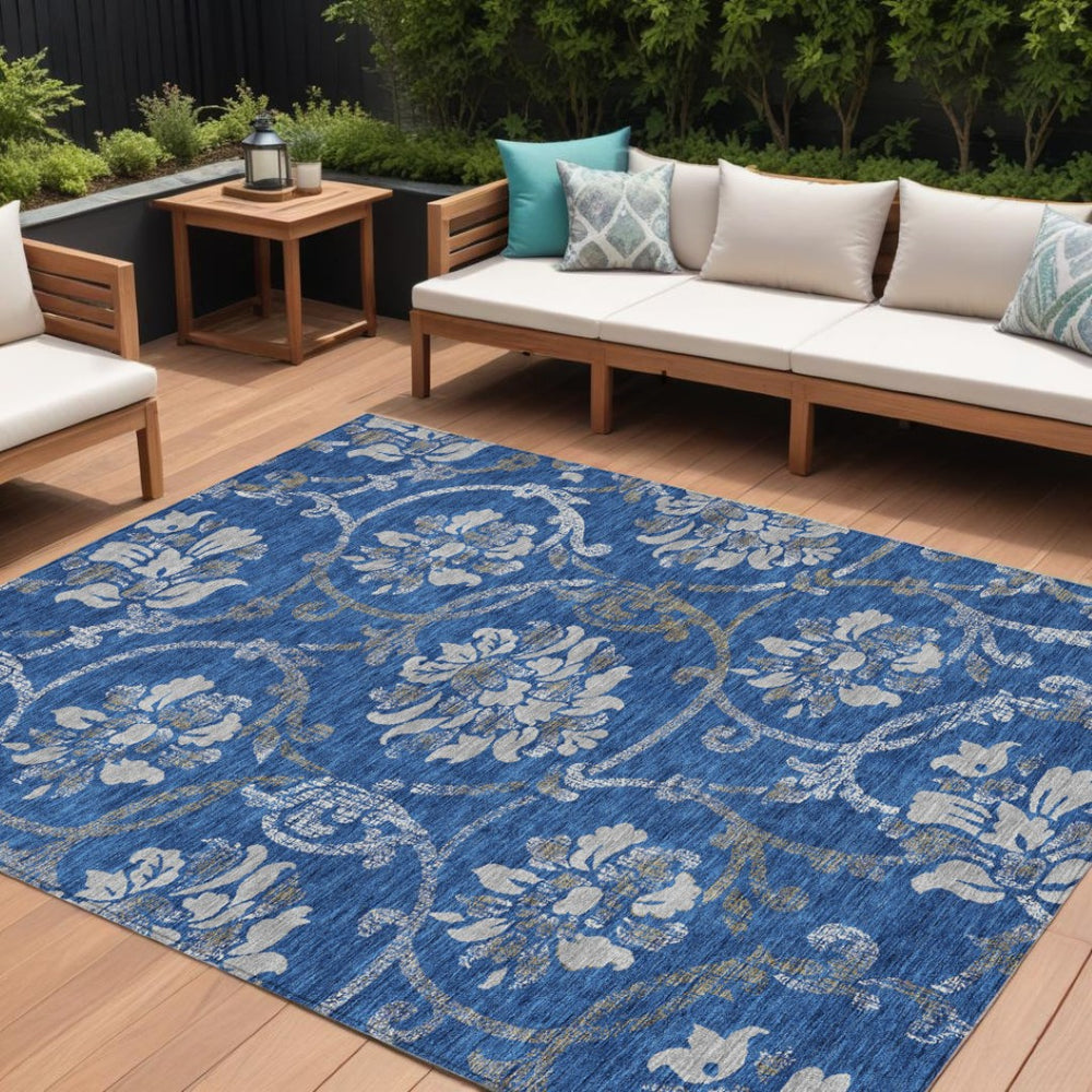 HomeRoots 9' Navy Blue and Silver Floral Area Rug - Durable, Washable, Indoor-Outdoor Design for All Spaces 9' X 12' 585626