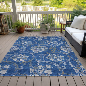 HomeRoots 9' Navy Blue and Silver Floral Area Rug - Durable, Washable, Indoor-Outdoor Design for All Spaces 9' X 12' 585626