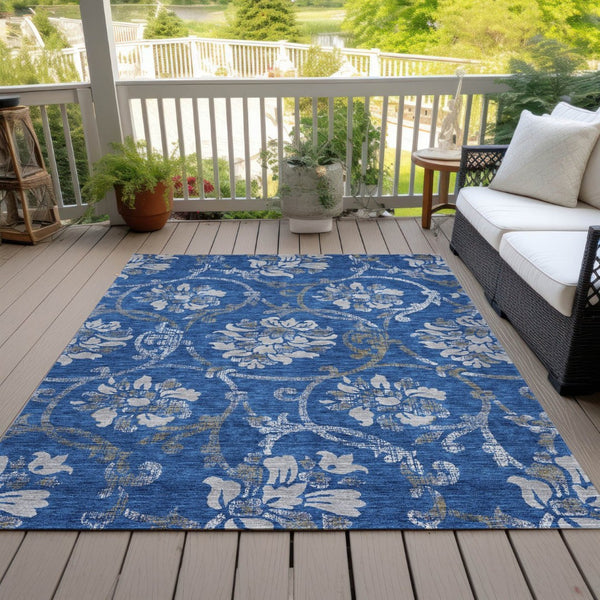 HomeRoots 9' Navy Blue and Silver Floral Area Rug - Durable, Washable, Indoor-Outdoor Design for All Spaces 9' X 12' 585626
