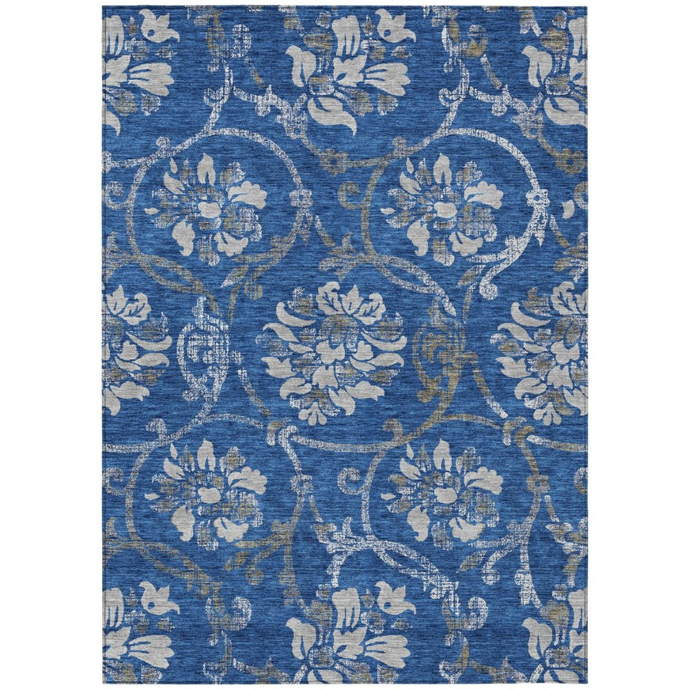 HomeRoots 9' Navy Blue and Silver Floral Area Rug - Durable, Washable, Indoor-Outdoor Design for All Spaces 9' X 12' 585626