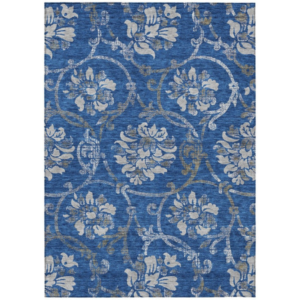 HomeRoots 9' Navy Blue and Silver Floral Area Rug - Durable, Washable, Indoor-Outdoor Design for All Spaces 9' X 12' 585626