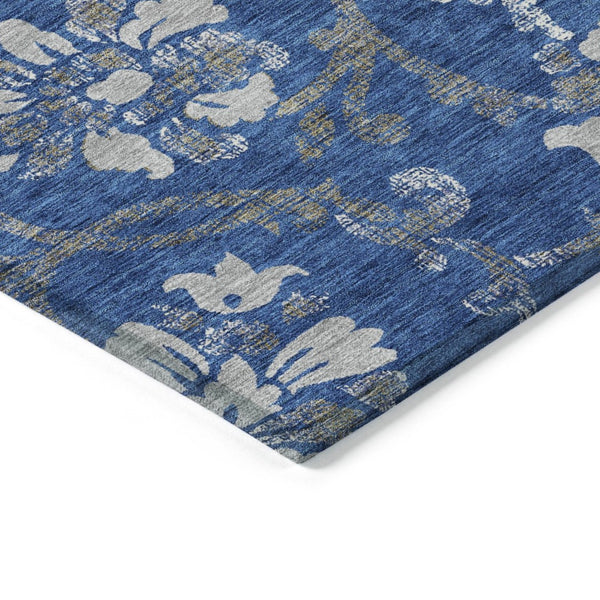 HomeRoots 9' Navy Blue and Silver Floral Area Rug - Durable, Washable, Indoor-Outdoor Design for All Spaces 9' X 12' 585626