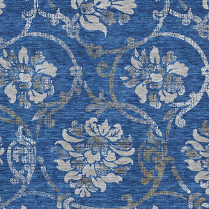 HomeRoots 9' Navy Blue and Silver Floral Area Rug - Durable, Washable, Indoor-Outdoor Design for All Spaces 9' X 12' 585626