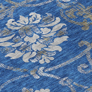 HomeRoots 9' Navy Blue and Silver Floral Area Rug - Durable, Washable, Indoor-Outdoor Design for All Spaces 9' X 12' 585626