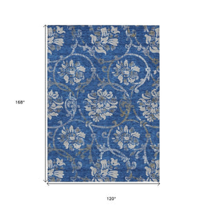HomeRoots 5' Navy Blue and Silver Floral Area Rug - Durable, Washable Design for Indoor and Outdoor Use 10' X 14' 585627