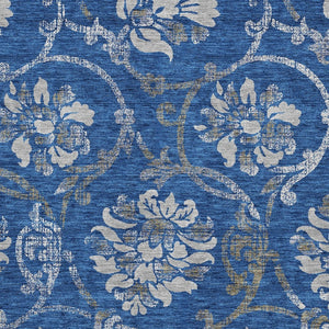 HomeRoots 5' Navy Blue and Silver Floral Area Rug - Durable, Washable Design for Indoor and Outdoor Use 10' X 14' 585627