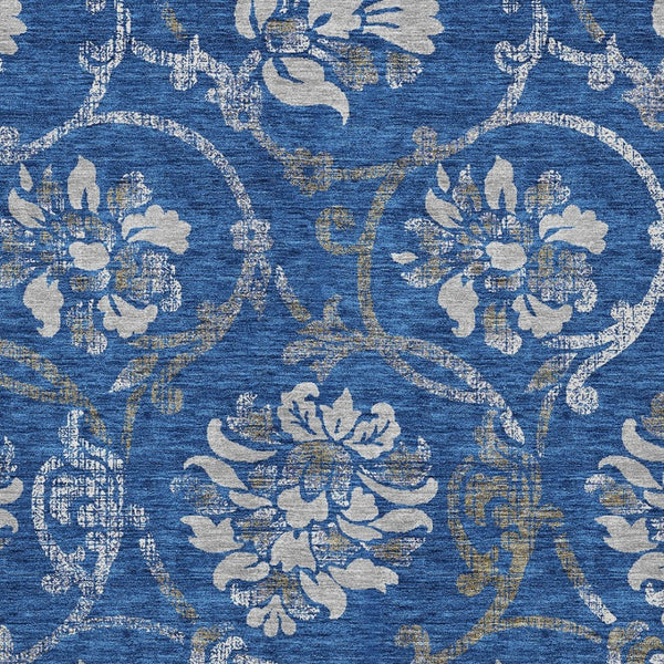 HomeRoots 5' Navy Blue and Silver Floral Area Rug - Durable, Washable Design for Indoor and Outdoor Use 10' X 14' 585627