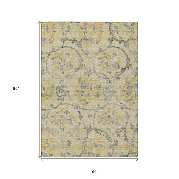 HomeRoots 5' Durable Floral Washable Area Rug in Gold Gray Charcoal - Perfect for Indoor & Outdoor Use 5' X 8' 585629