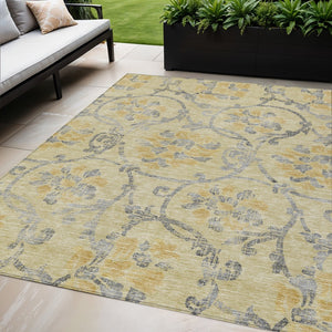 HomeRoots 5' Durable Floral Washable Area Rug in Gold Gray Charcoal - Perfect for Indoor & Outdoor Use 5' X 8' 585629