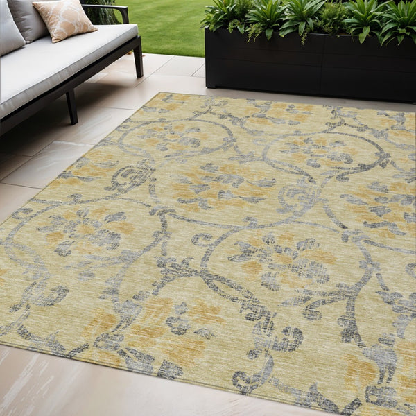 HomeRoots 5' Durable Floral Washable Area Rug in Gold Gray Charcoal - Perfect for Indoor & Outdoor Use 5' X 8' 585629