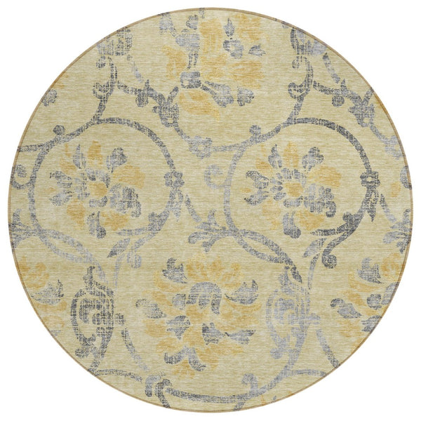 HomeRoots 5' Durable Floral Washable Area Rug in Gold Gray Charcoal - Perfect for Indoor & Outdoor Use 8' Round 585630