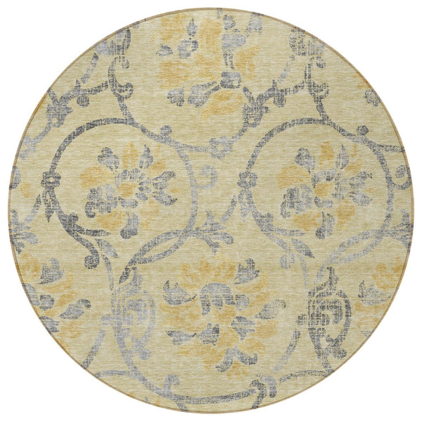 HomeRoots 5' Durable Floral Washable Area Rug in Gold Gray Charcoal - Perfect for Indoor & Outdoor Use 8' Round 585630
