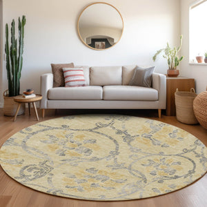 HomeRoots 5' Durable Floral Washable Area Rug in Gold Gray Charcoal - Perfect for Indoor & Outdoor Use 8' Round 585630