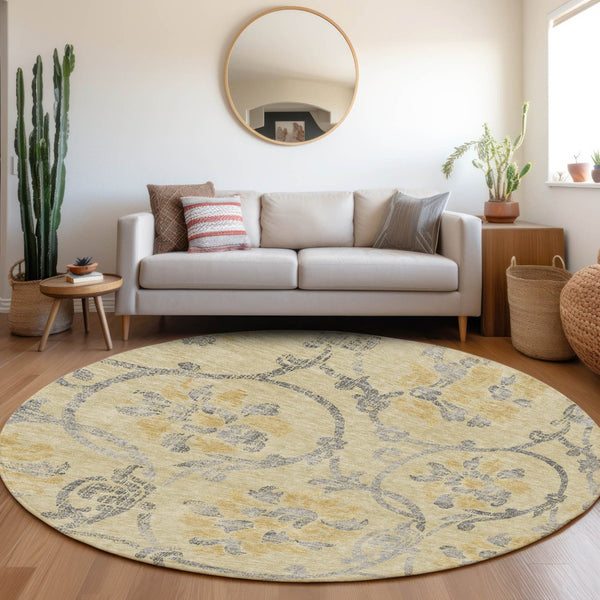 HomeRoots 5' Durable Floral Washable Area Rug in Gold Gray Charcoal - Perfect for Indoor & Outdoor Use 8' Round 585630