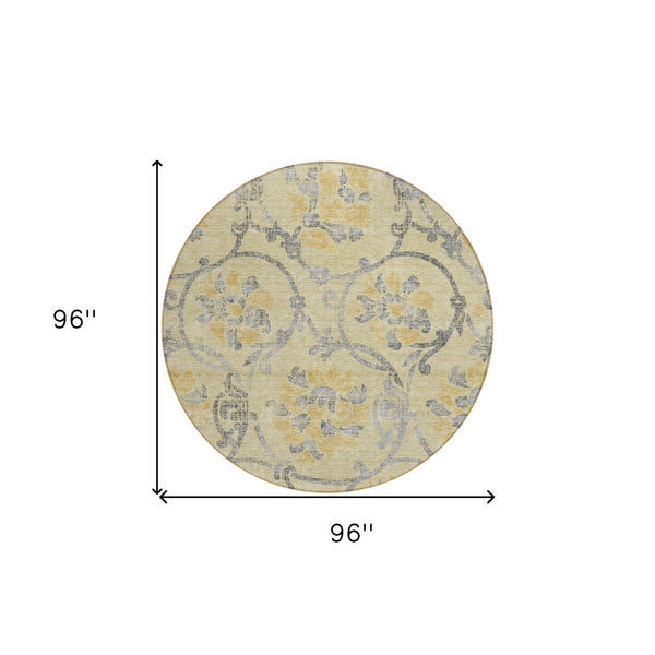 HomeRoots 5' Durable Floral Washable Area Rug in Gold Gray Charcoal - Perfect for Indoor & Outdoor Use 8' Round 585630