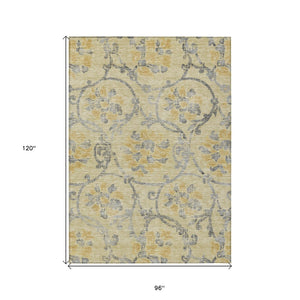 HomeRoots 5' Durable Floral Washable Area Rug in Gold Gray Charcoal - Perfect for Indoor & Outdoor Use 8' X 10' 585631