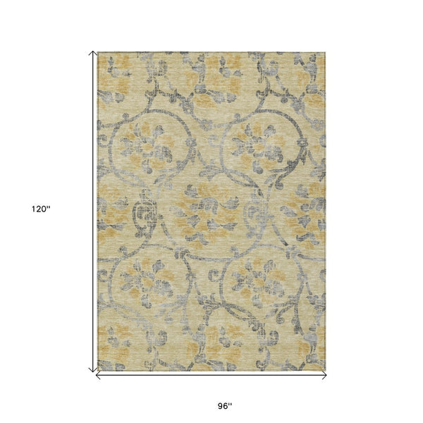 HomeRoots 5' Durable Floral Washable Area Rug in Gold Gray Charcoal - Perfect for Indoor & Outdoor Use 8' X 10' 585631